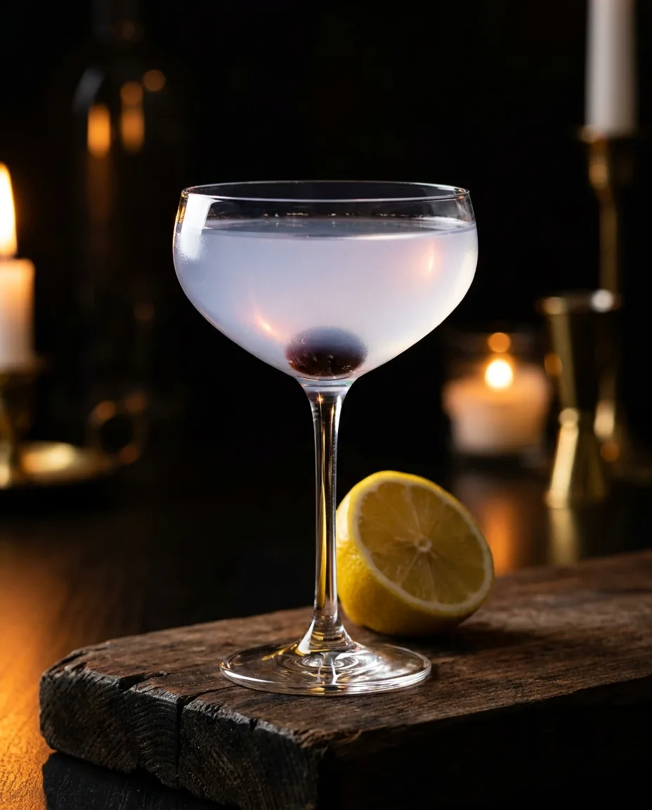 An Aviation in a coupe with a cherry at the bottom and a cut lemon beside it
