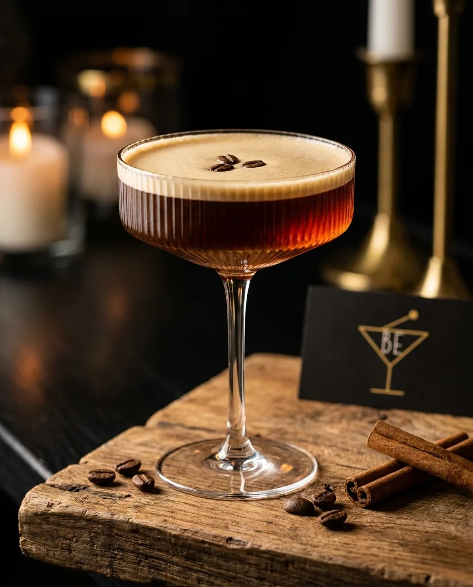 An Espresso Martini in a ribbed coupe with three coffee beans on the foam, beside a card with the Bar Ellington mark