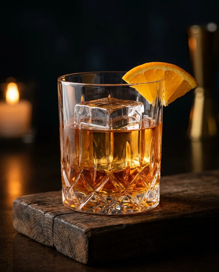 An Old Fashioned in a cut crystal rocks glass with one large clear ice cube and an orange slice, by candlelight