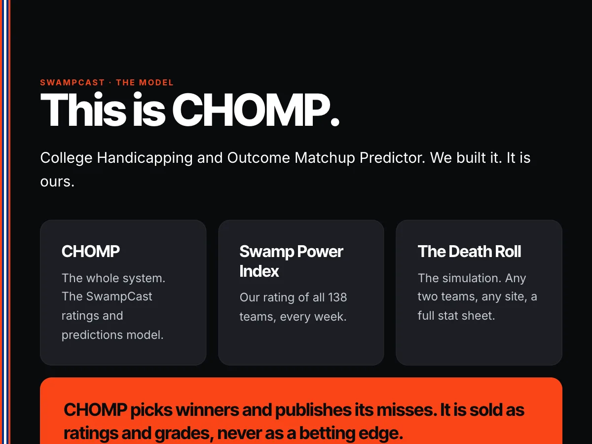 The This is CHOMP card: a dark card with the gator stripe spine and three panels